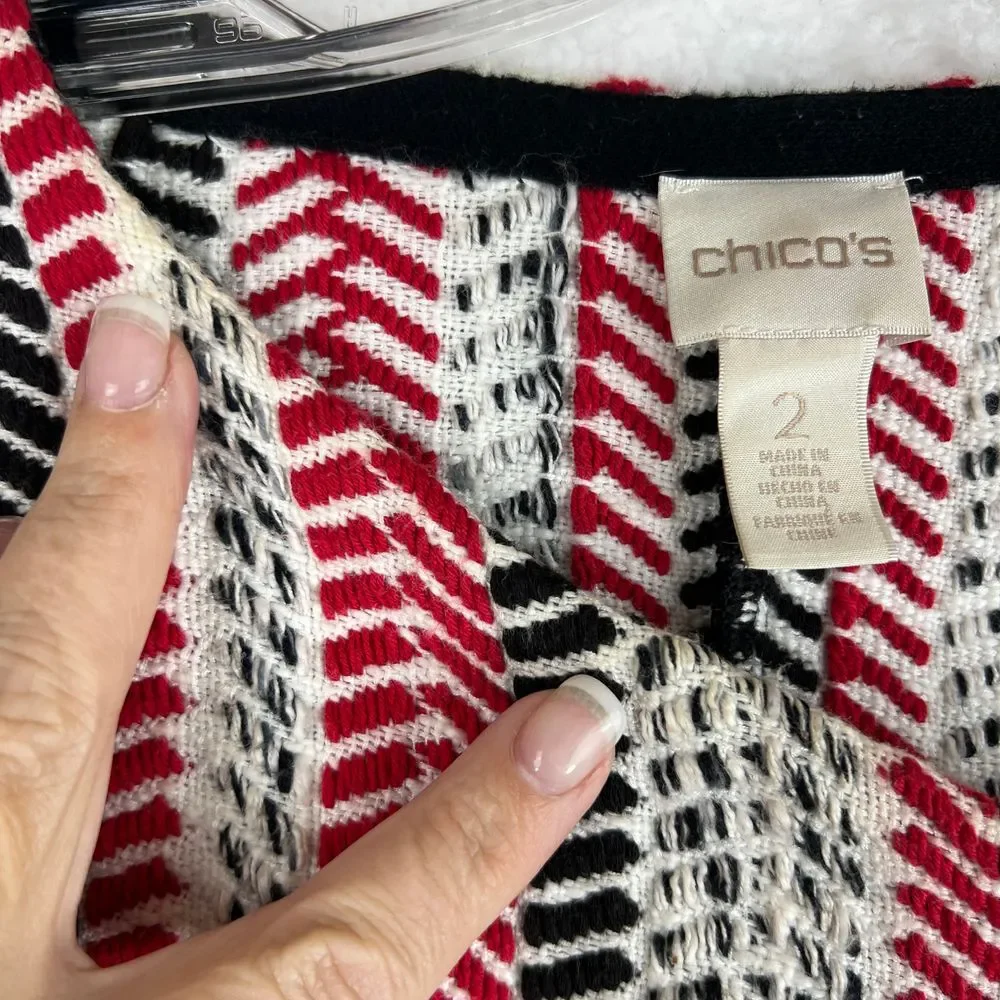 CHICOS Red‎ Black Asymmetrical Full Zip Textured Bold Moto Sofia Cardigan Size 2
